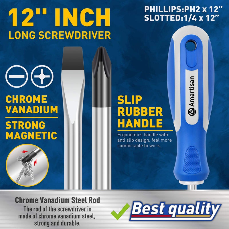Amartisan 2-Piece 12'' long Screwdriver Set, Long Blade Screwdriver Set 12-Inch Magnetic Screwdriver, Phillips & Slotted Bits .ï¼ˆNEWï¼‰ - Image 3